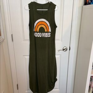 Green Sleeveless Dress with 'Good Vibes' Print with 2 POCKETS lightweight